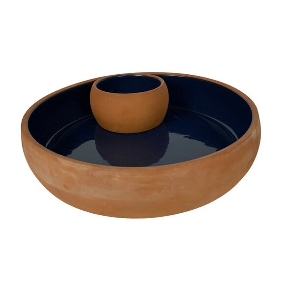 Cabin Fever Chip & Dip Platter Glazed Blue Interior Terracotta Exterior Made In - Picture 3 of 9